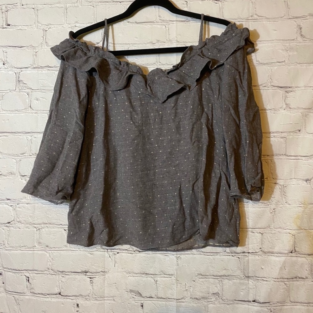 Zara Grey & Gold Cold Shoulder Shirt with Ruffles